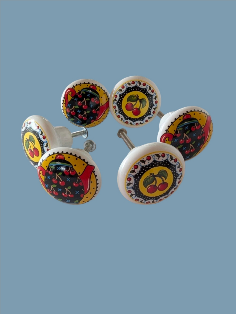 Vintage Mary Engelbreit 3 Cherry 3 Teapot Ceramic Drawer Knob - Yellow & Black